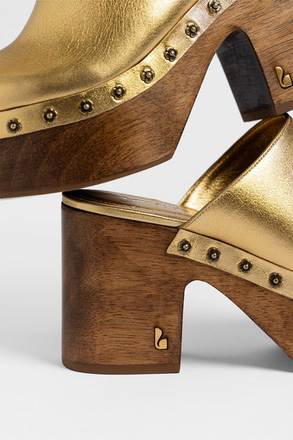 Miso Wooden Platform Clog Gold Leather - Larroude