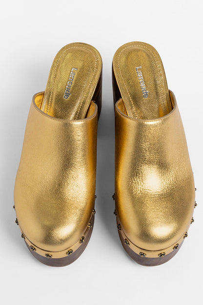 Miso Wooden Platform Clog Gold Leather - Larroude