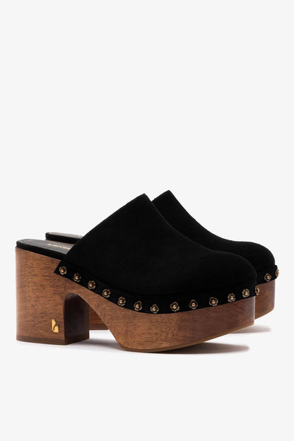 Miso Wooden Platform Clog In Black Suede - Larroude