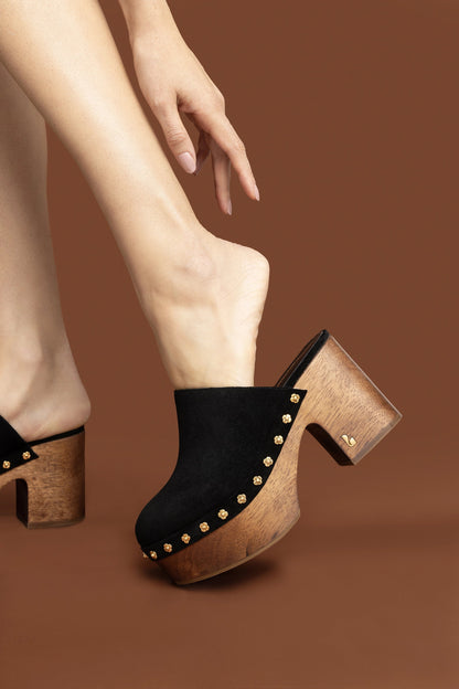 Miso Wooden Platform Clog In Black Suede - Larroude