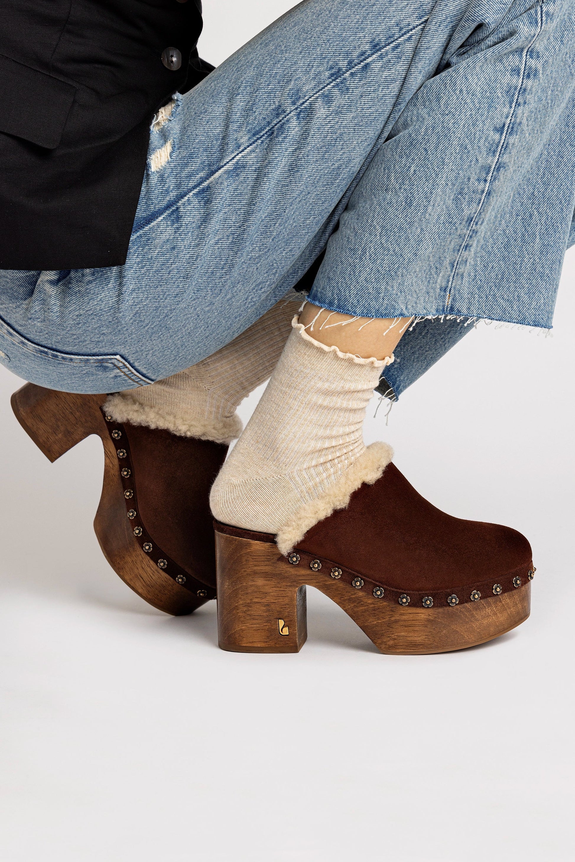 Miso Wooden Platform Clog In Brown Suede And Natural Shearling - Larroude