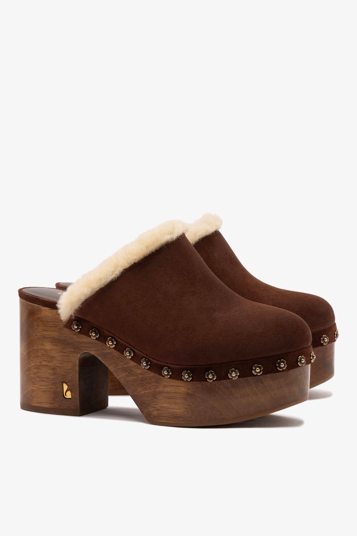 Miso Wooden Platform Clog In Brown Suede And Natural Shearling - Larroude