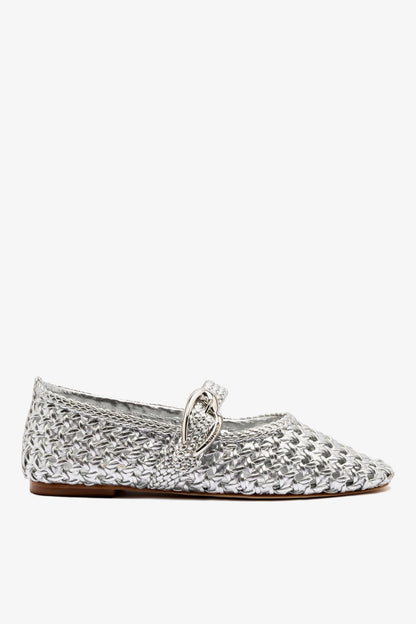 Verona Macrame Ballet Flat In Silver Metallic Leather - Larroude