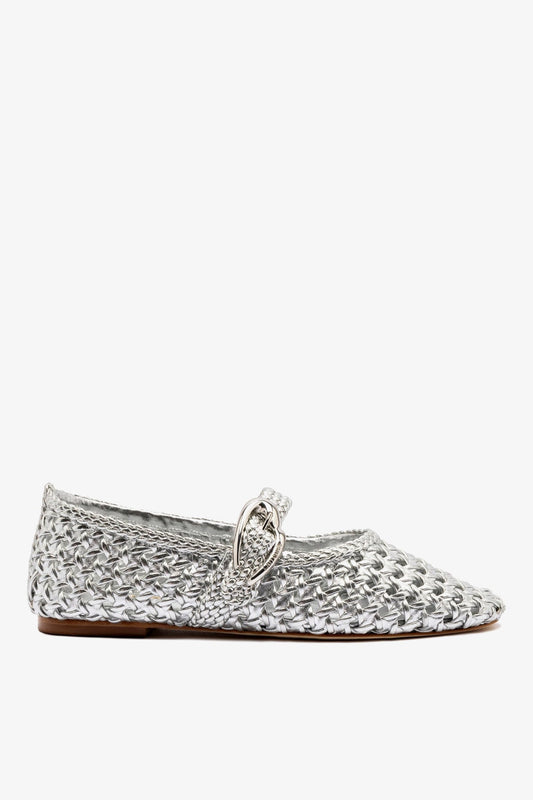Verona Macrame Ballet Flat In Silver Metallic Leather - Larroude