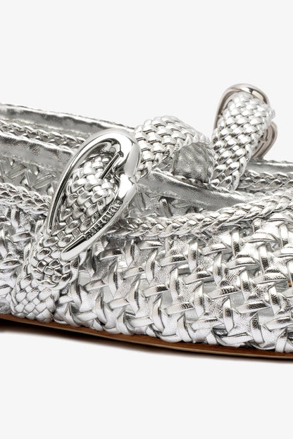 Verona Macrame Ballet Flat In Silver Metallic Leather - Larroude
