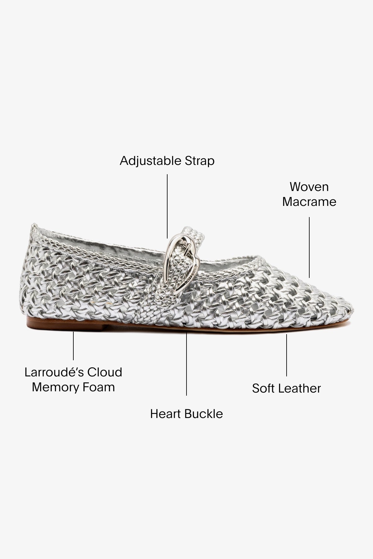 Verona Macrame Ballet Flat In Silver Metallic Leather - Larroude
