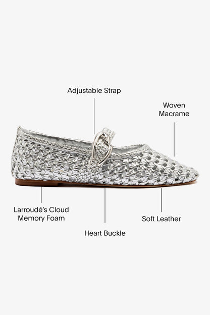 Verona Macrame Ballet Flat In Silver Metallic Leather - Larroude