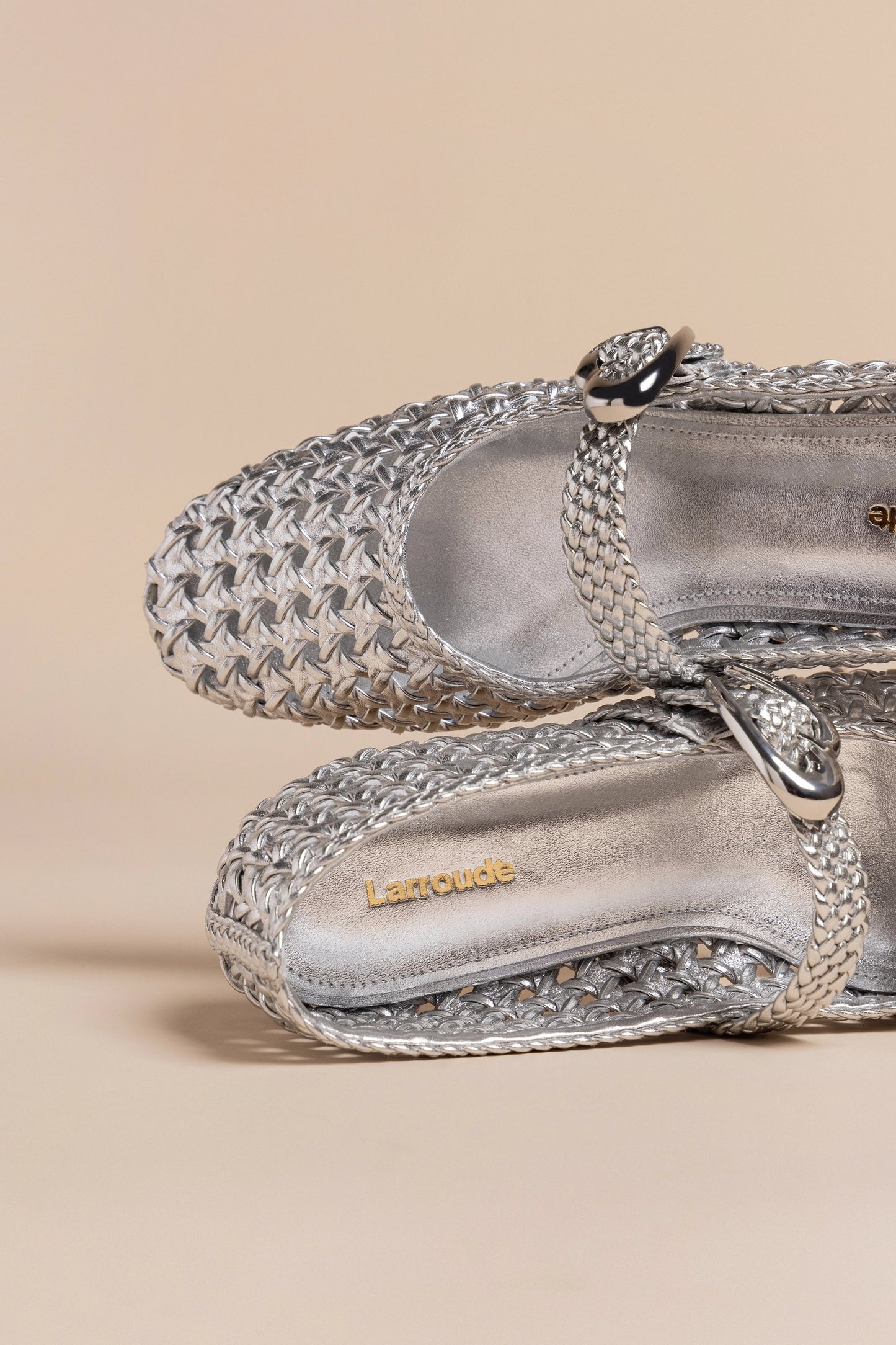 Verona Macrame Ballet Flat In Silver Metallic Leather - Larroude