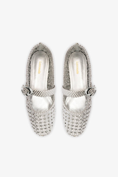 Verona Macrame Ballet Flat In Silver Metallic Leather - Larroude