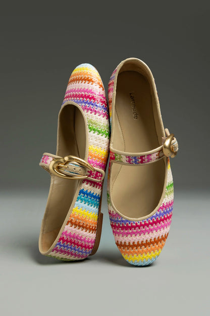 Verona Ballet Flat In Rainbow Raffia and Beige Leather - Larroude