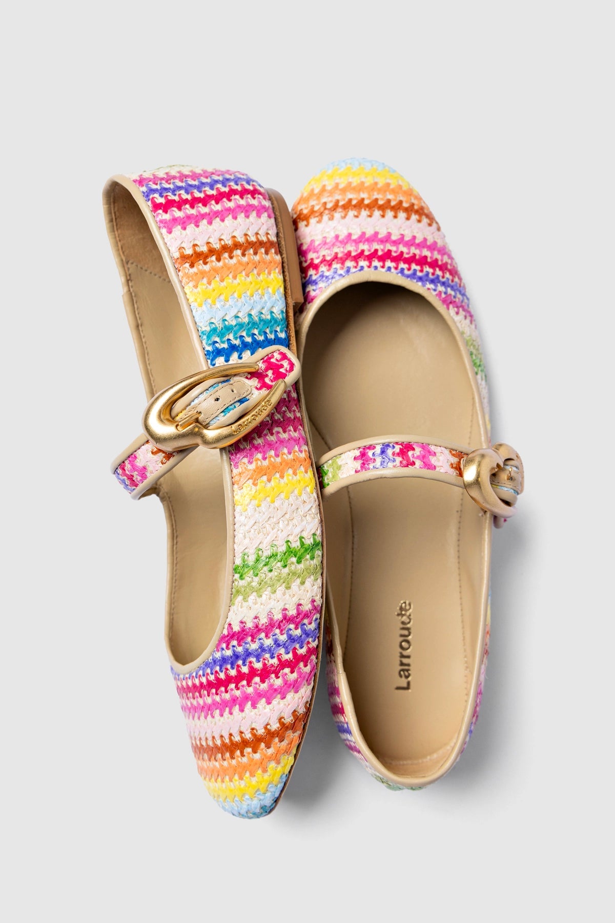 Verona Ballet Flat In Rainbow Raffia and Beige Leather - Larroude