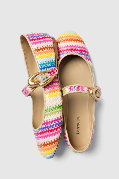 Verona Ballet Flat In Rainbow Raffia and Beige Leather - Larroude