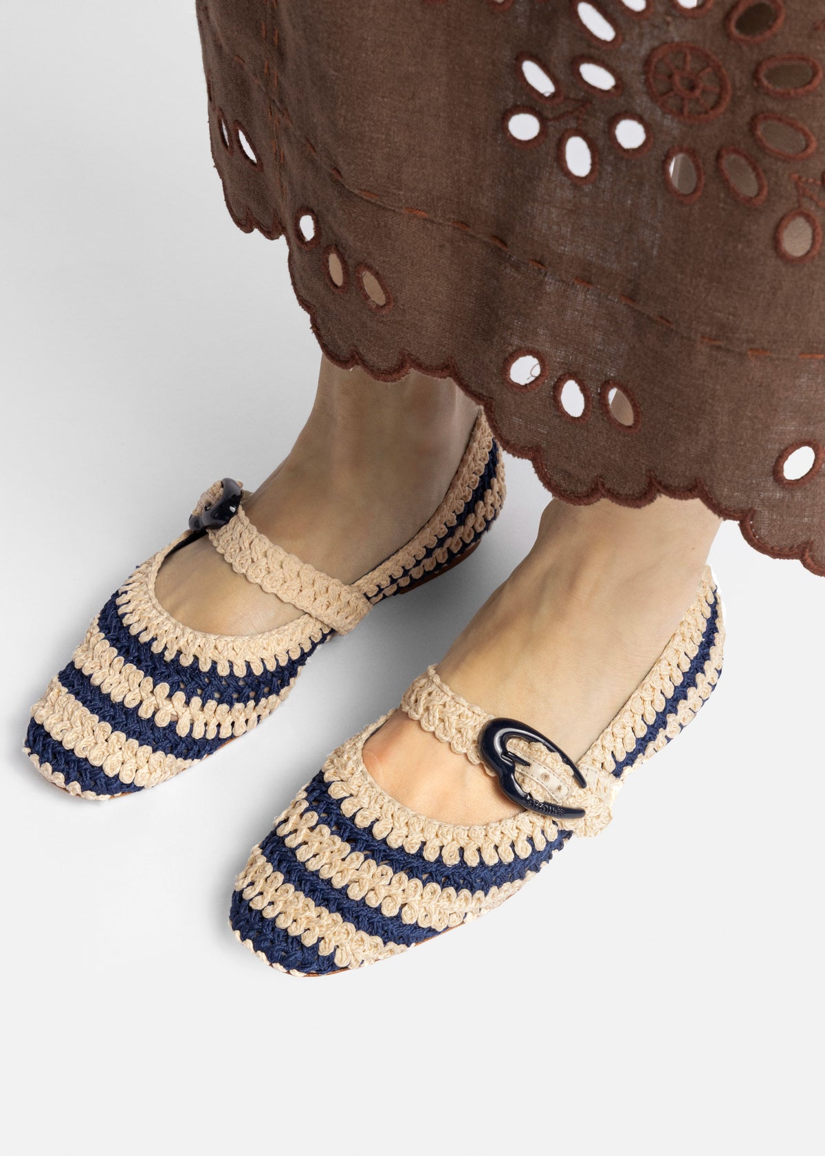 Verona Crochet Ballet Flat In Navy and Ivory Crochet - Larroude