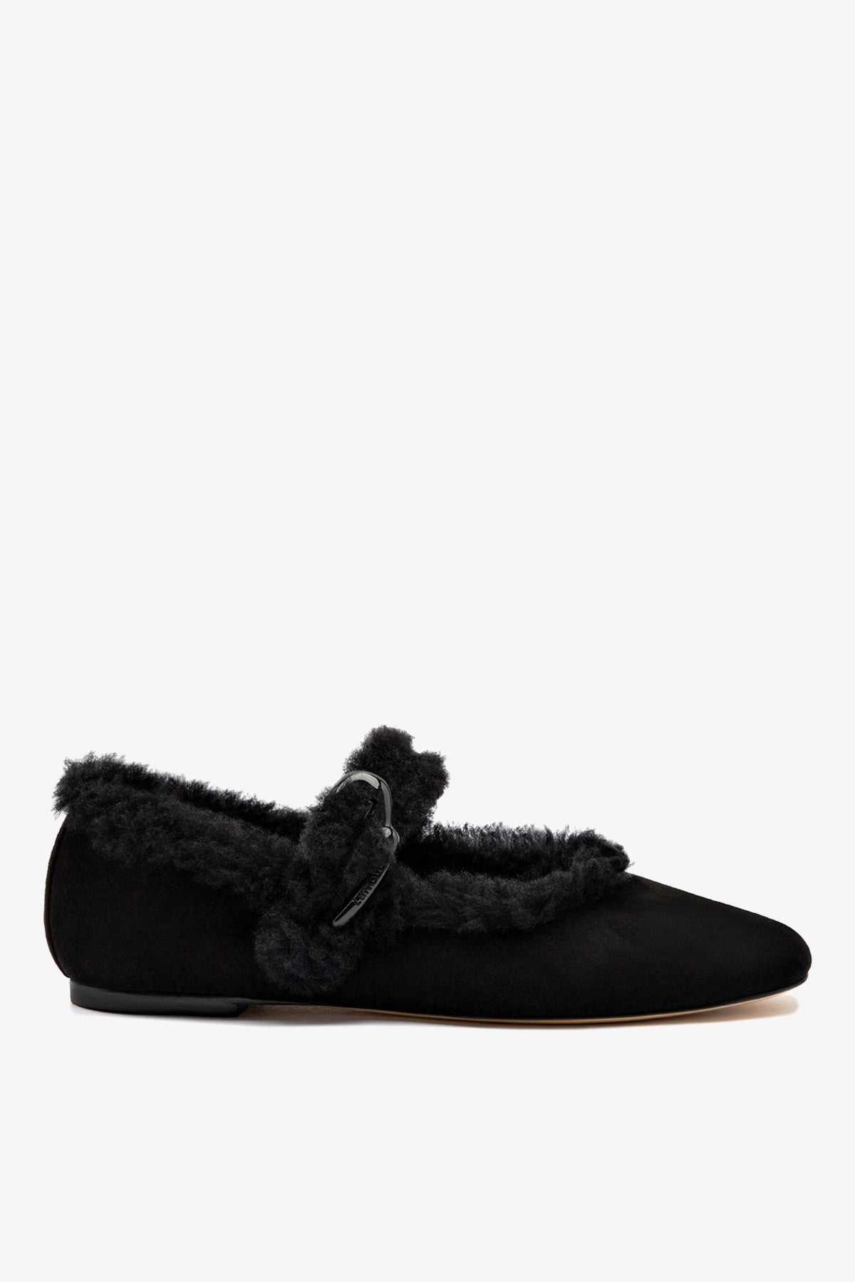 Verona Ballet Flat In Black Suede And Black Shearling - Larroude