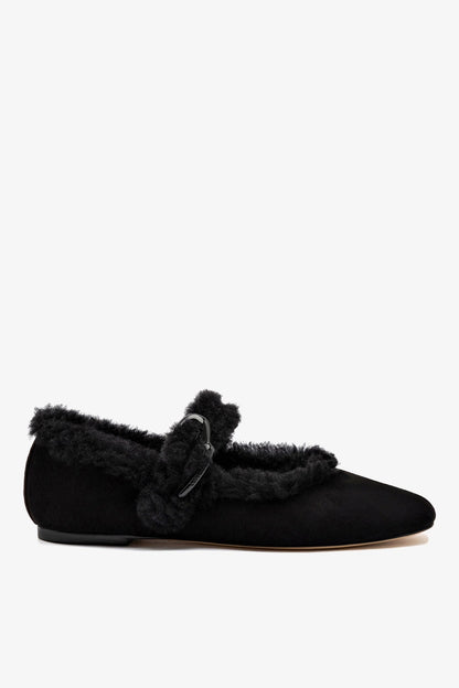 Verona Ballet Flat In Black Suede And Black Shearling - Larroude