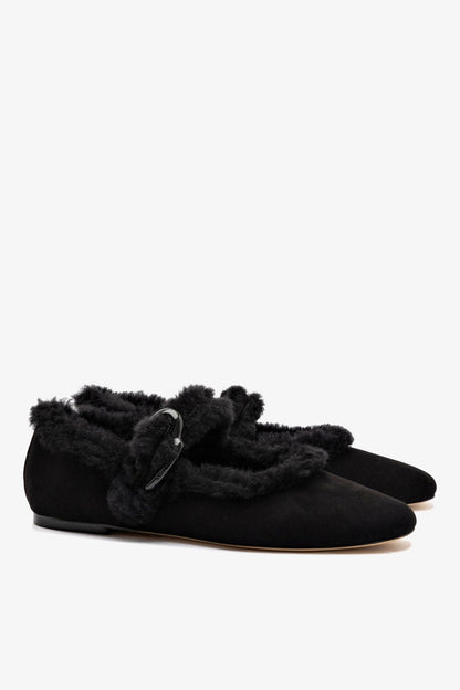 Verona Ballet Flat In Black Suede And Black Shearling - Larroude