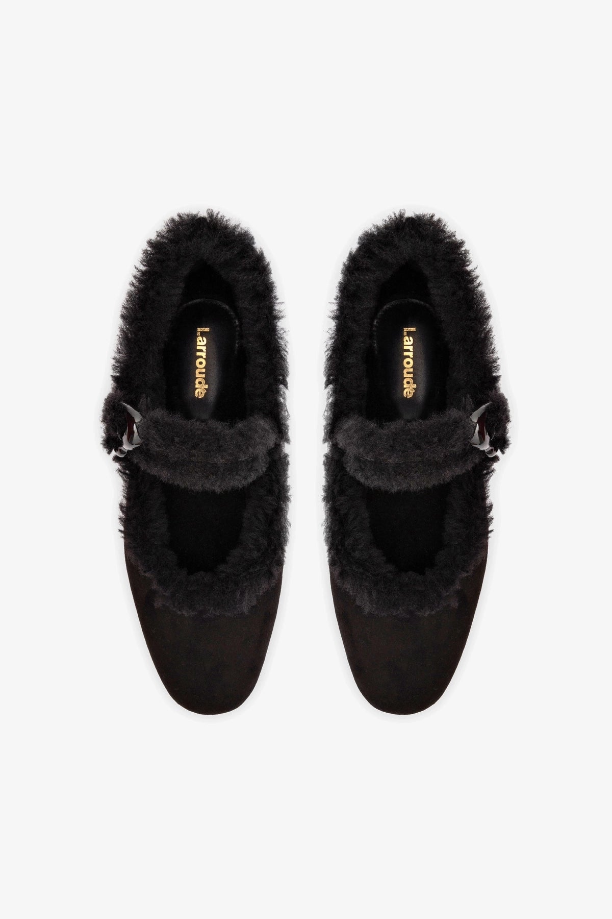 Verona Ballet Flat In Black Suede And Black Shearling - Larroude