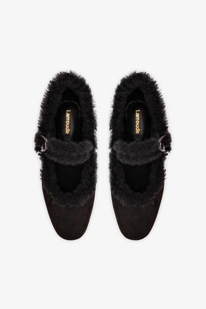 Verona Ballet Flat In Black Suede And Black Shearling - Larroude