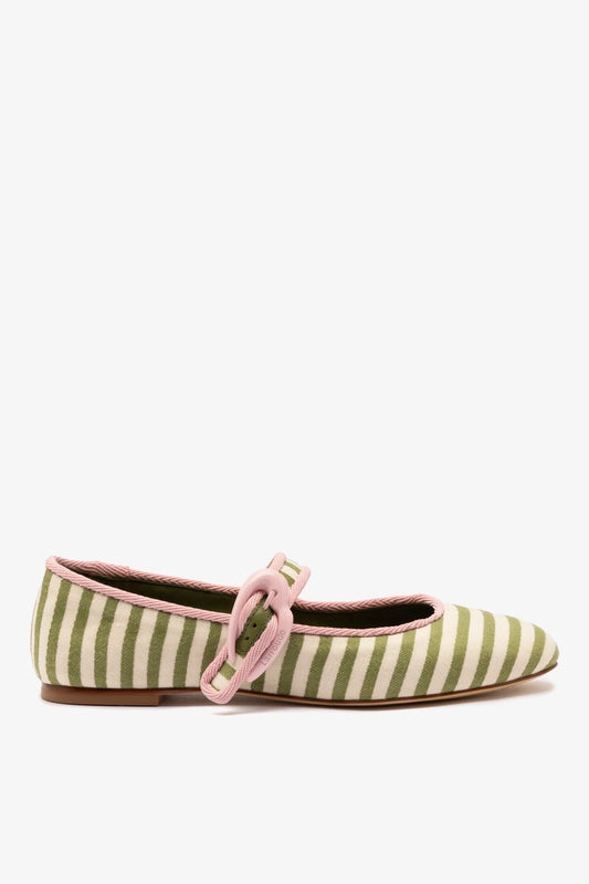 Verona Ballet Flat In Seaweed and Natural Striped Fabric and Tulip Trimming - Larroude