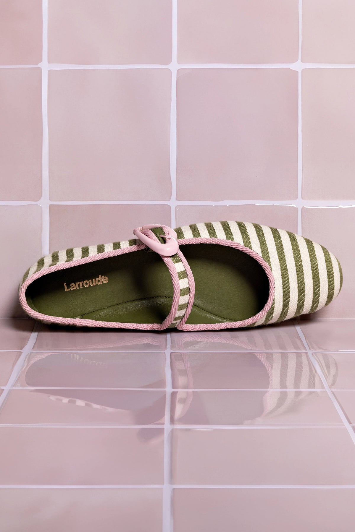 Verona Ballet Flat In Seaweed and Natural Striped Fabric and Tulip Trimming - Larroude
