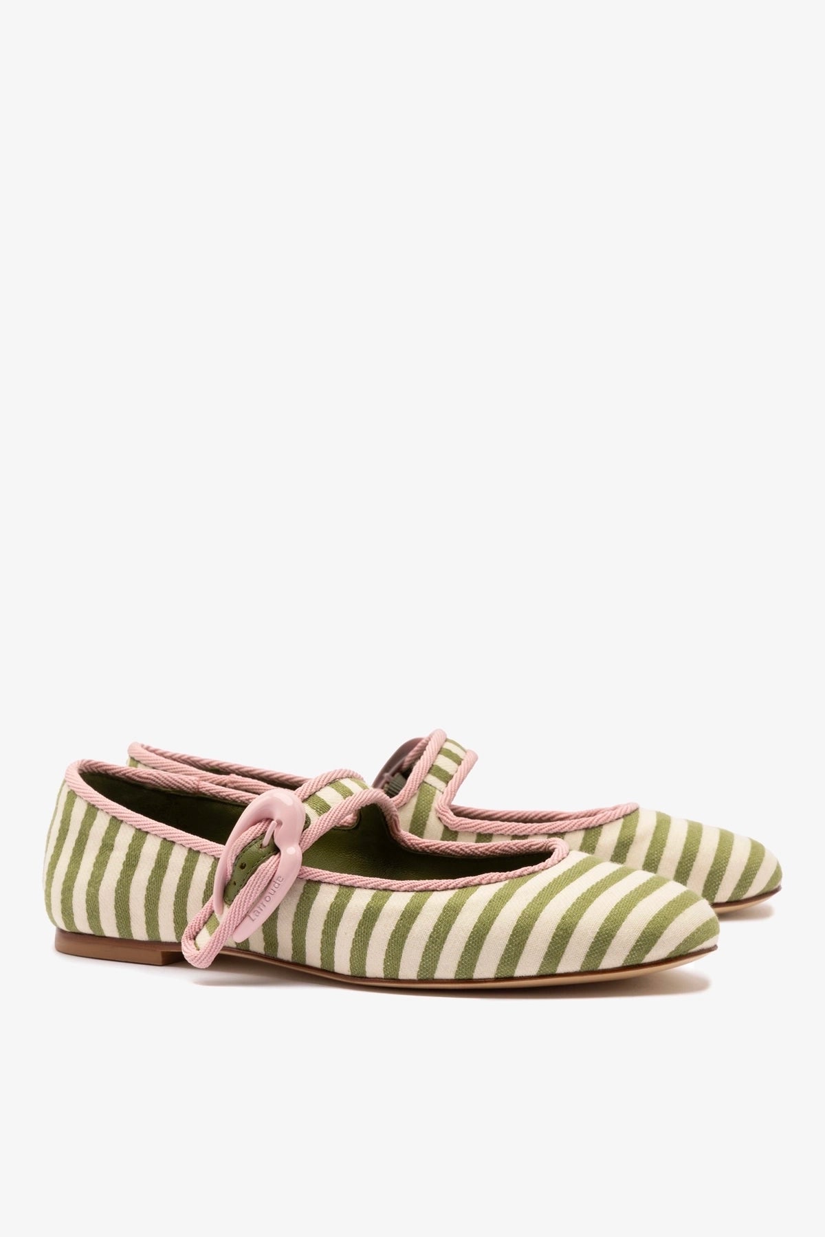Verona Ballet Flat In Seaweed and Natural Striped Fabric and Tulip Trimming - Larroude