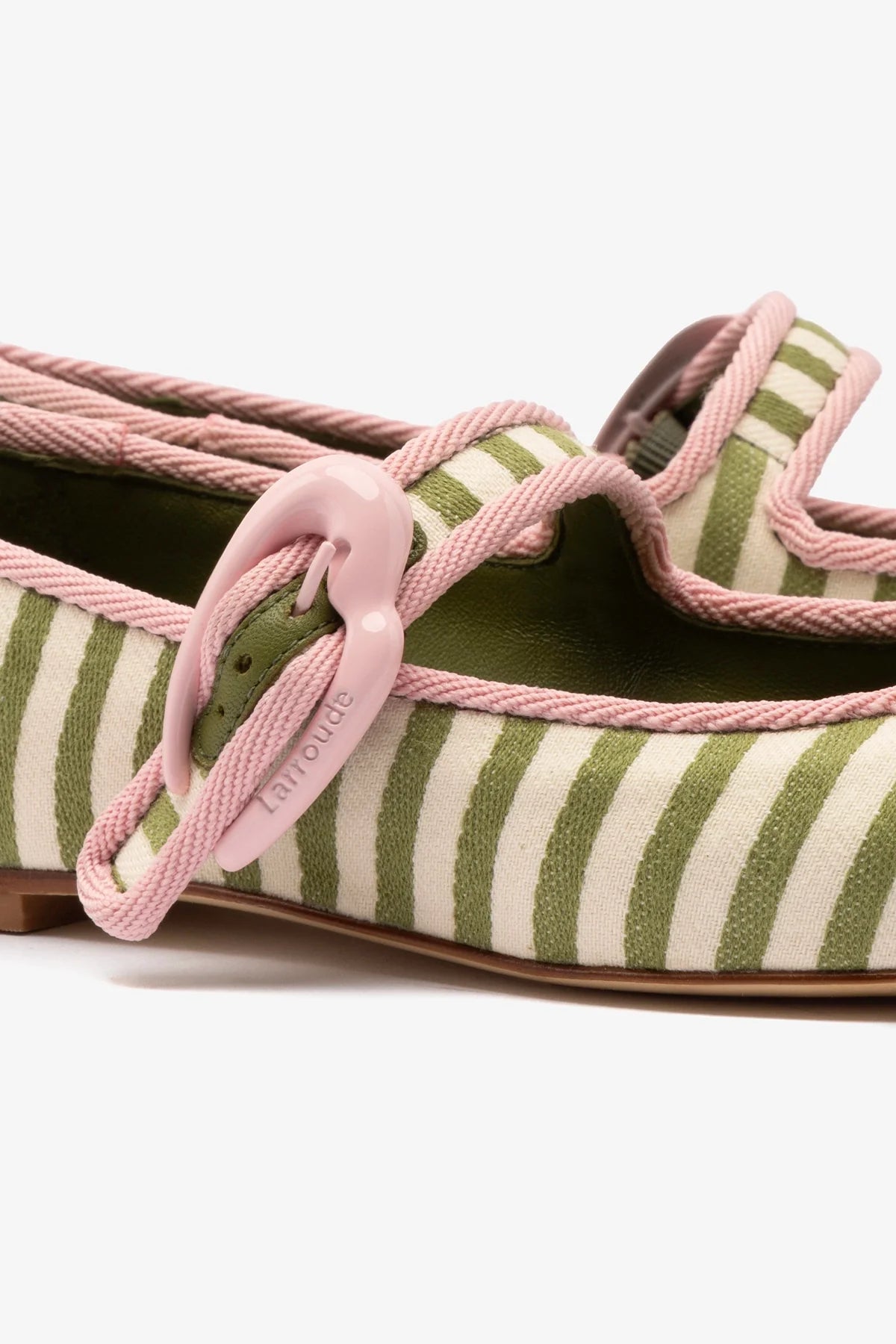 Verona Ballet Flat In Seaweed and Natural Striped Fabric and Tulip Trimming - Larroude