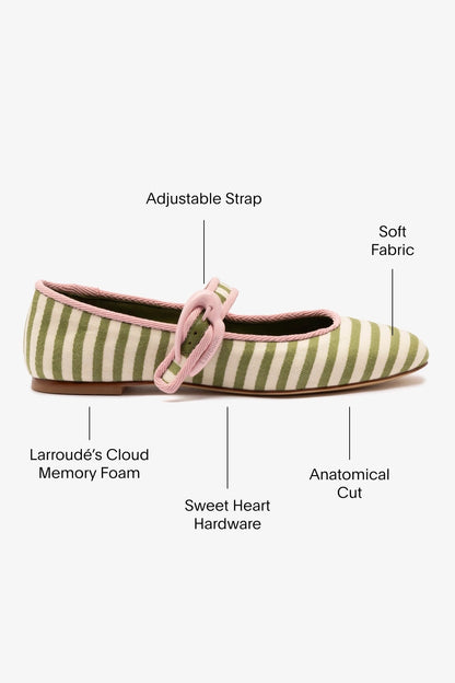 Verona Ballet Flat In Seaweed and Natural Striped Fabric and Tulip Trimming - Larroude