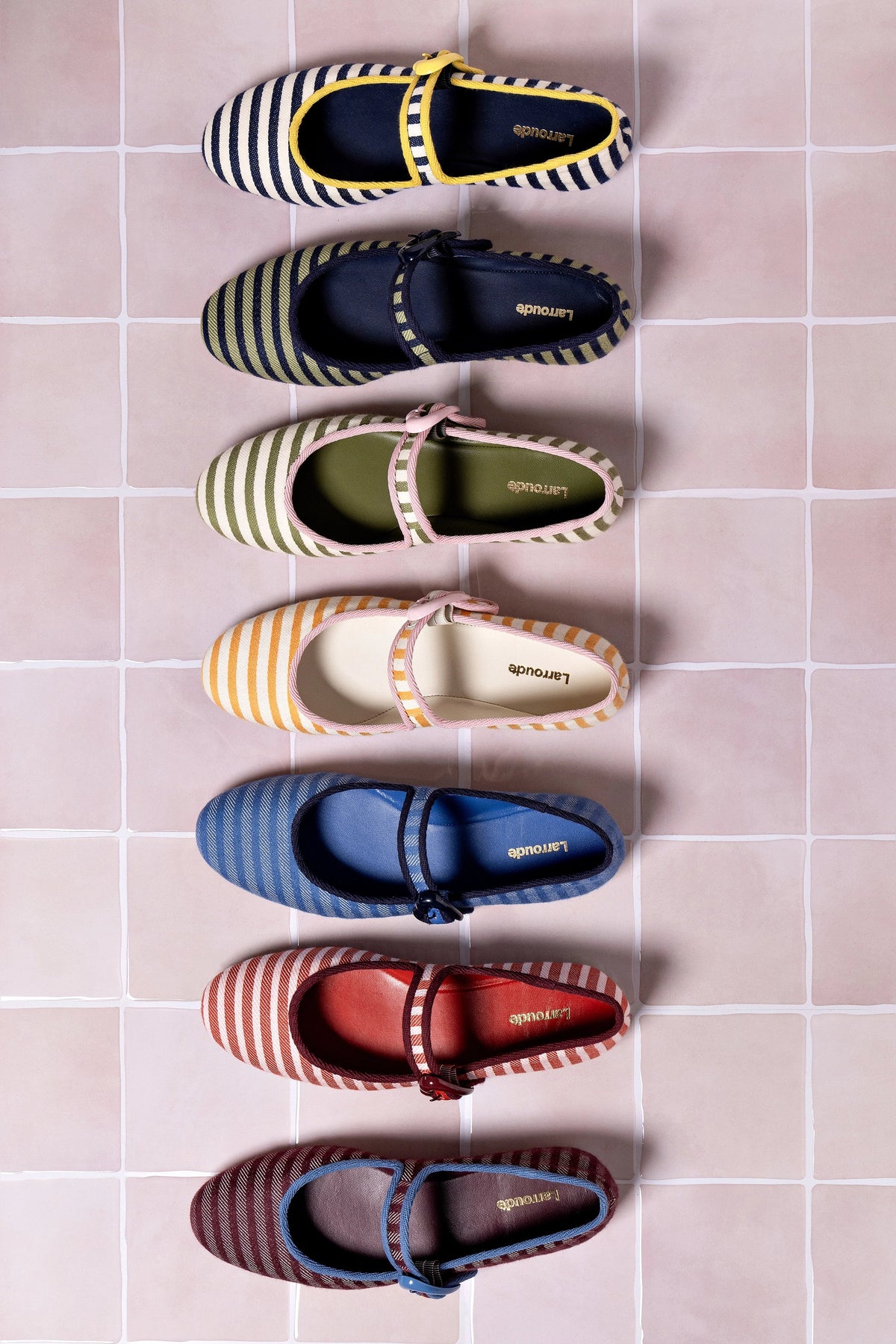 Verona Ballet Flat In Seaweed and Natural Striped Fabric and Tulip Trimming - Larroude