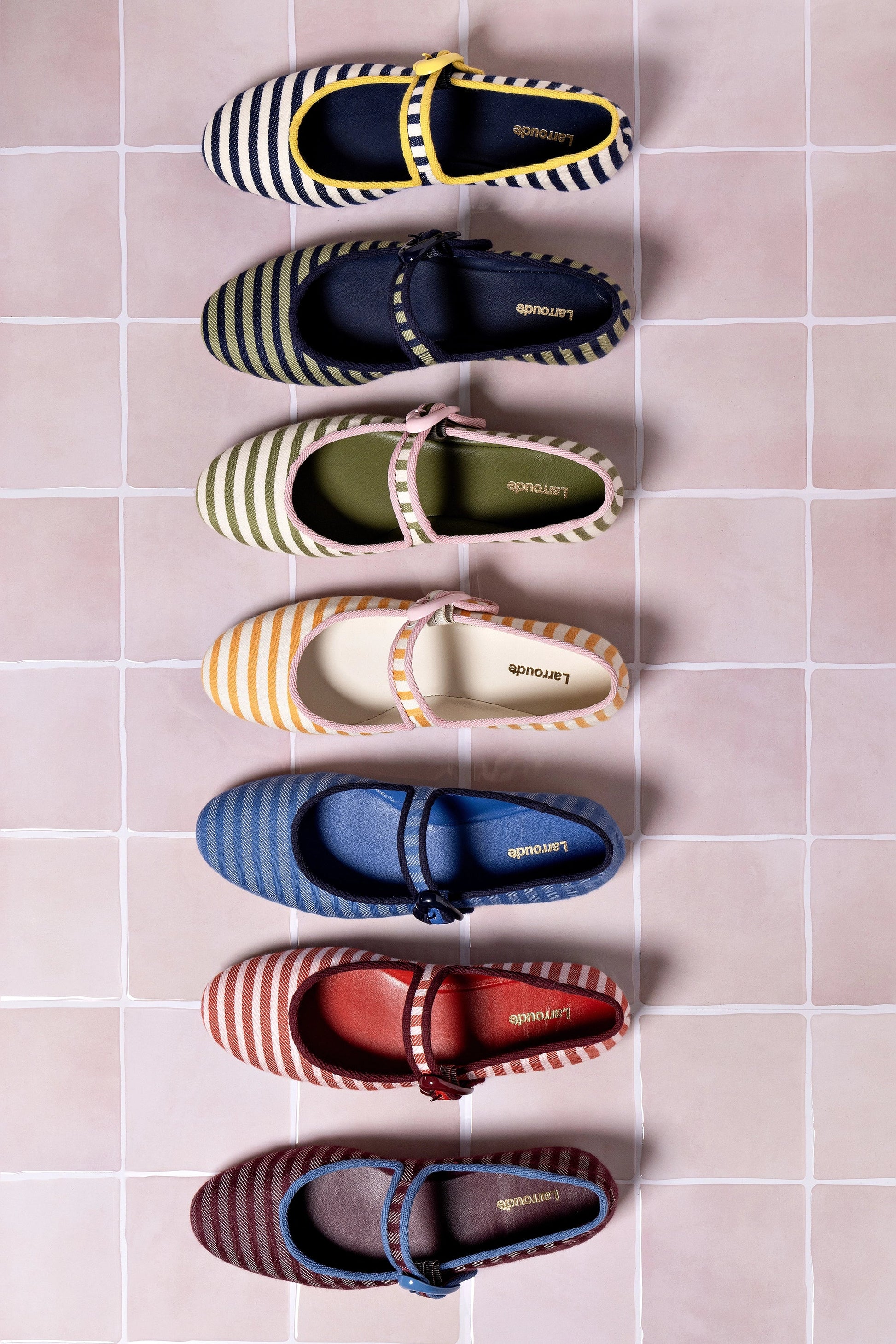 Verona Ballet Flat In Seaweed and Natural Striped Fabric and Tulip Trimming - Larroude