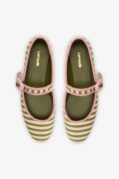 Verona Ballet Flat In Seaweed and Natural Striped Fabric and Tulip Trimming - Larroude