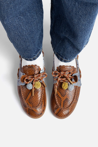 Cyprus Boat Shoe In Oud, Maya and Lemonade Python Embossed Leather - Larroude