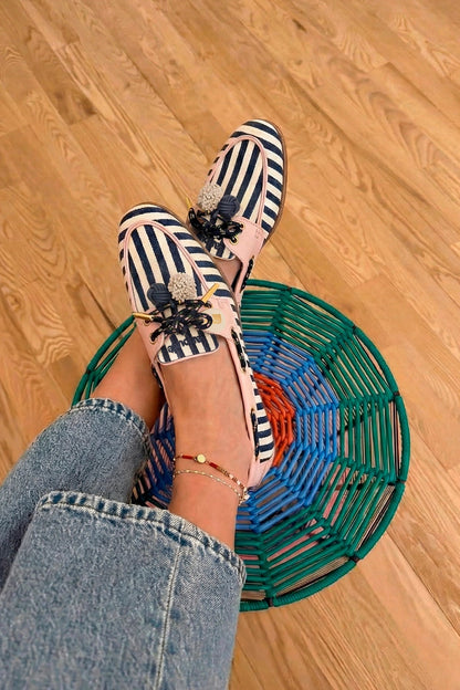 Cyprus Boat Shoe Navy Striped and Pink Leather - Larroude