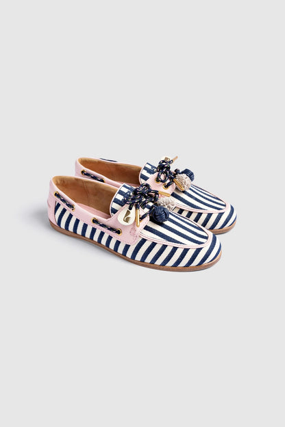 Cyprus Boat Shoe Navy Striped and Pink Leather - Larroude