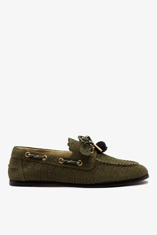 Cyprus Boat Shoe Olive Croco Suede - Larroude