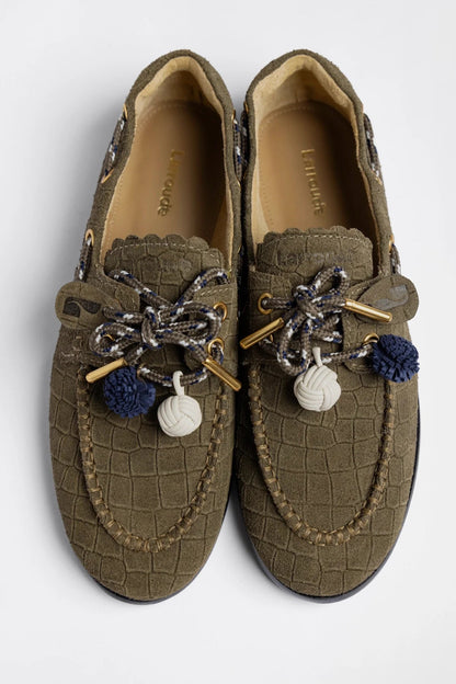Cyprus Boat Shoe Olive Croco Suede - Larroude