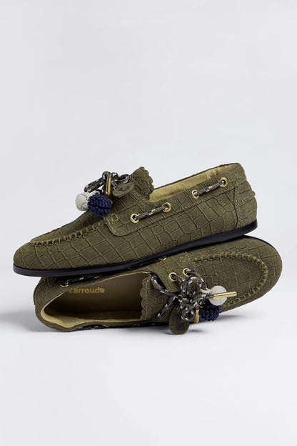 Cyprus Boat Shoe Olive Croco Suede - Larroude