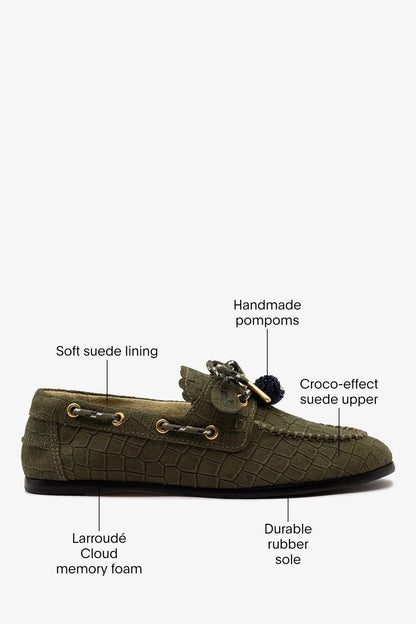 Cyprus Boat Shoe Olive Croco Suede - Larroude