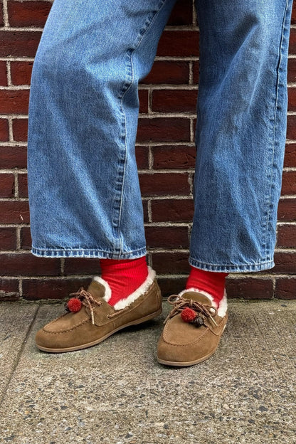 Cyprus Boat Shoe In Russet Suede and Natural Shearling - Larroude