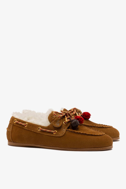 Cyprus Boat Shoe In Russet Suede and Natural Shearling - Larroude