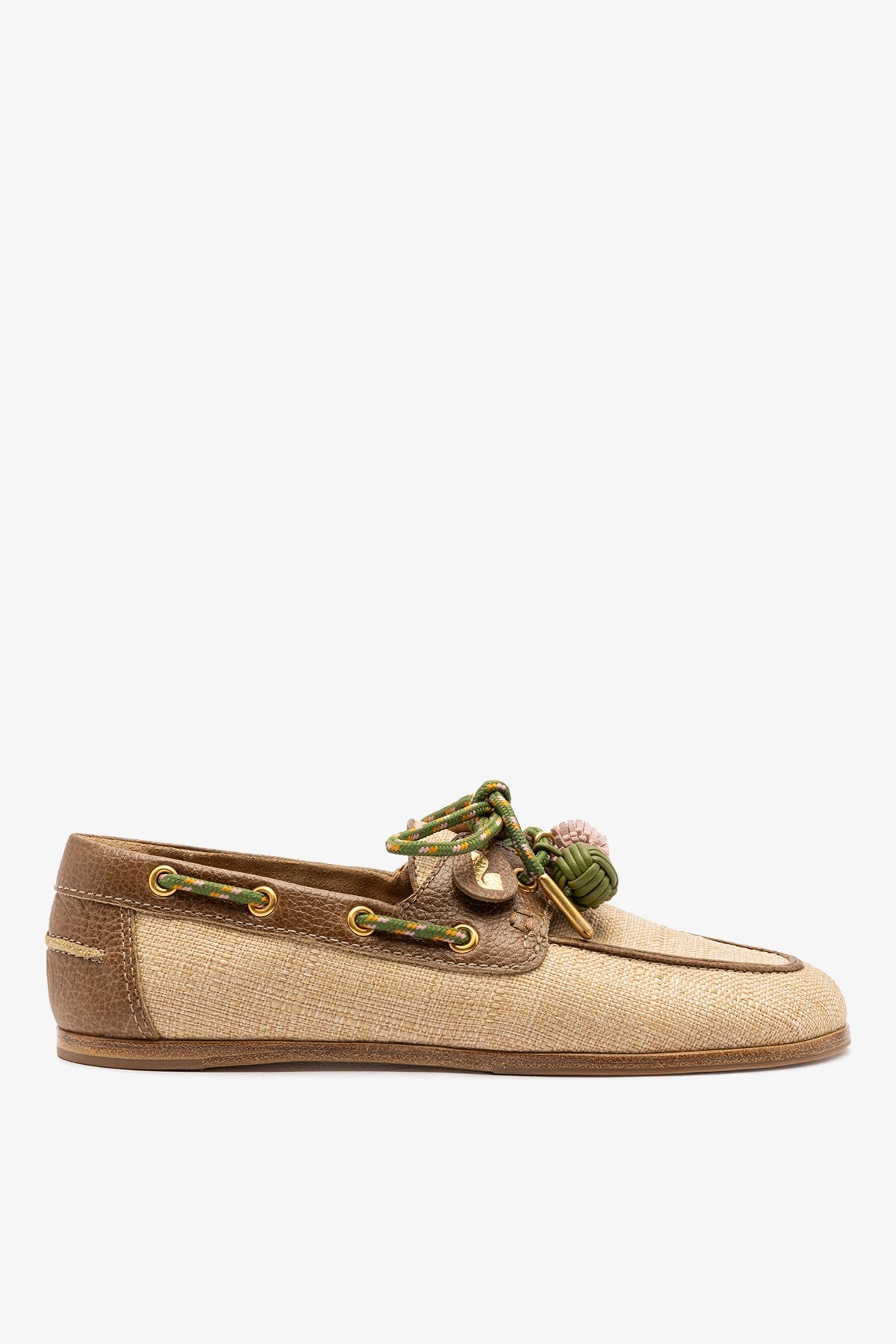 Cyprus Boat Shoe In Beige Raffia And Brown Leather - Larroude