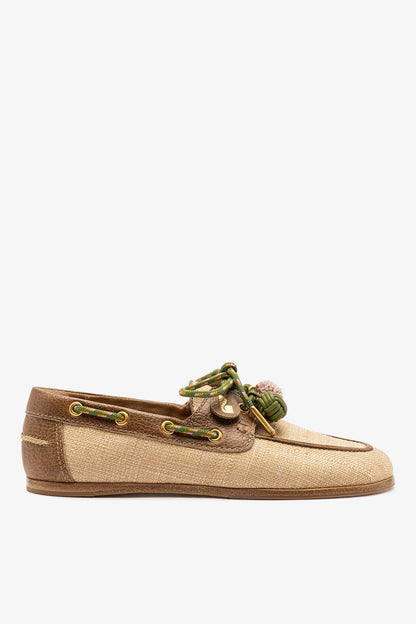 Cyprus Boat Shoe In Beige Raffia And Brown Leather - Larroude