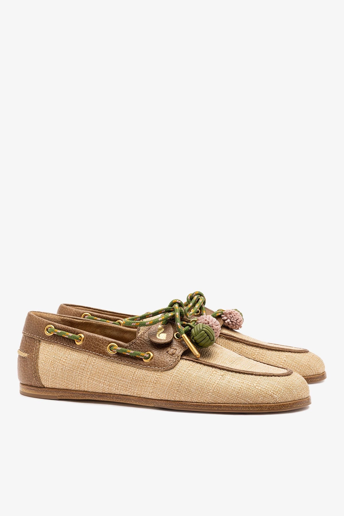 Cyprus Boat Shoe In Beige Raffia And Brown Leather - Larroude