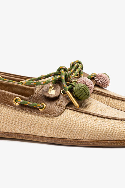 Cyprus Boat Shoe In Beige Raffia And Brown Leather - Larroude