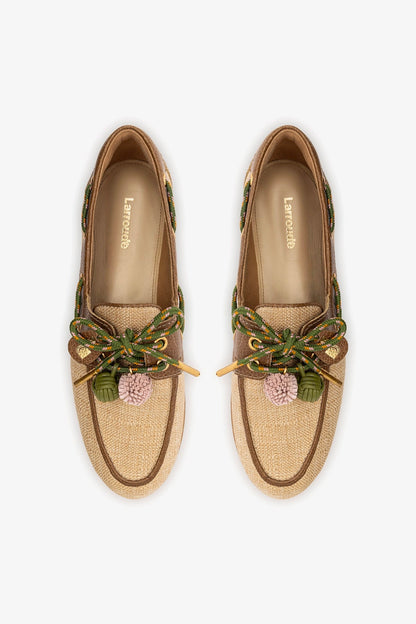 Cyprus Boat Shoe In Beige Raffia And Brown Leather - Larroude