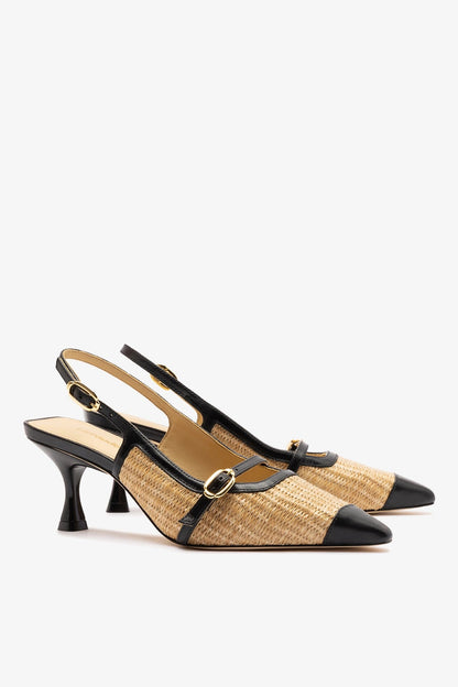 Ines Pump Natural Raffia and Black Leather - Larroude