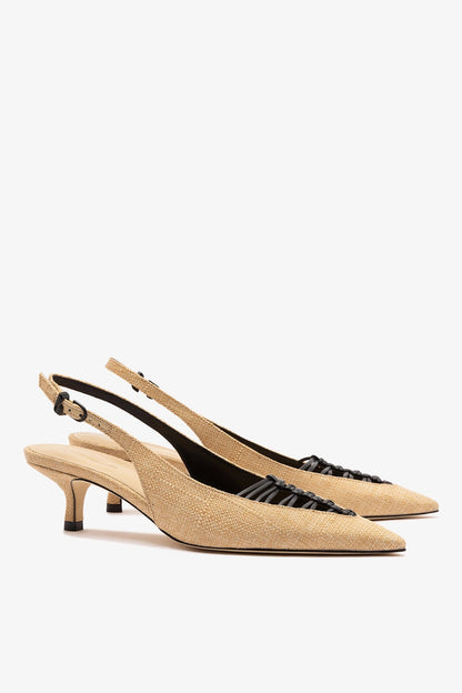 Nara Pump In Beige Raffia and Black Leather - Larroude