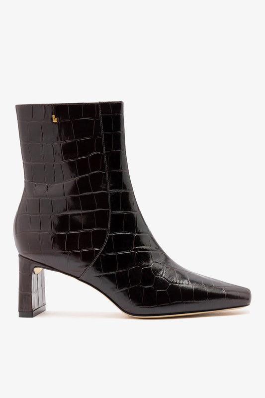Alexis Bootie In Dark Croco Embossed Leather - Larroude
