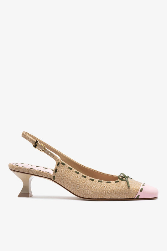 Jenny Pump In Beige Raffia and Tulip and Seaweed Leather - Larroude