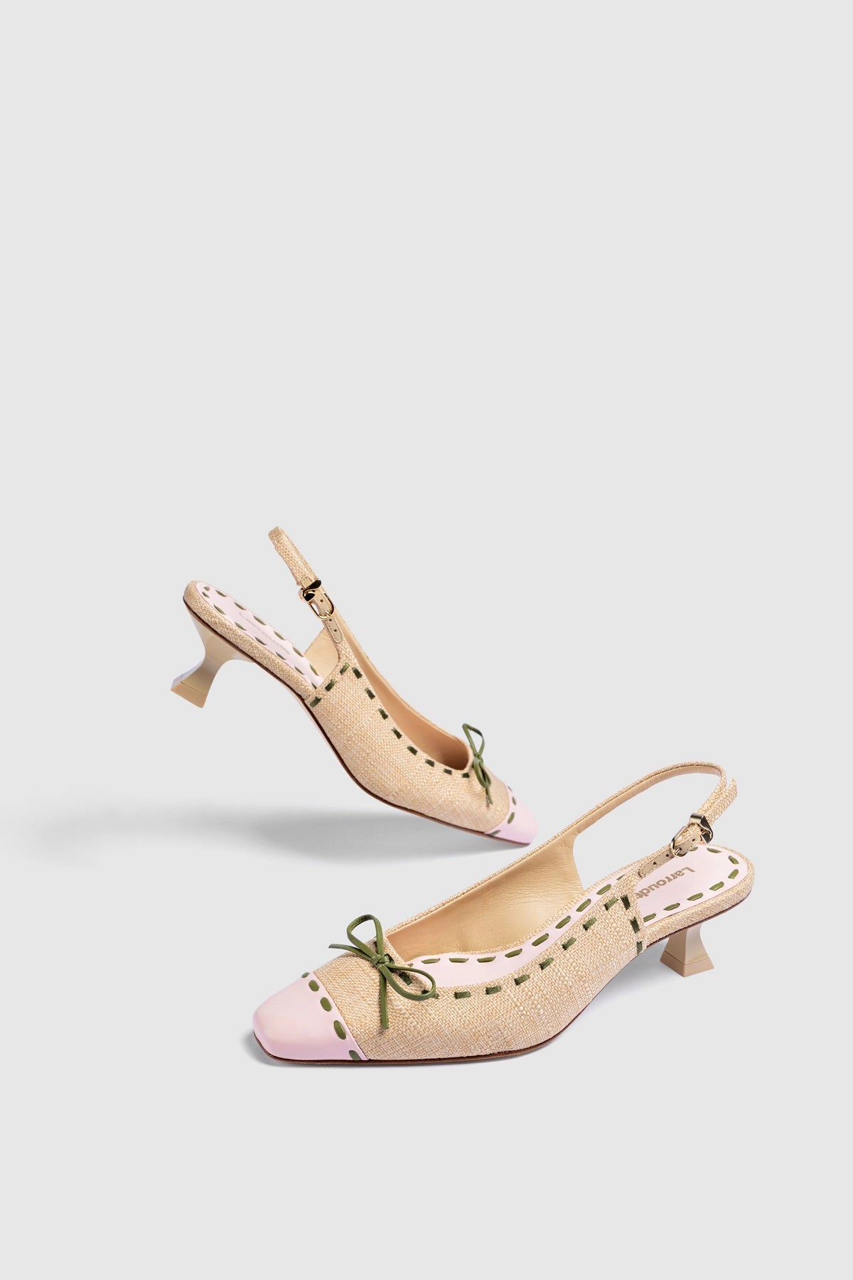 Jenny Pump In Beige Raffia and Tulip and Seaweed Leather - Larroude