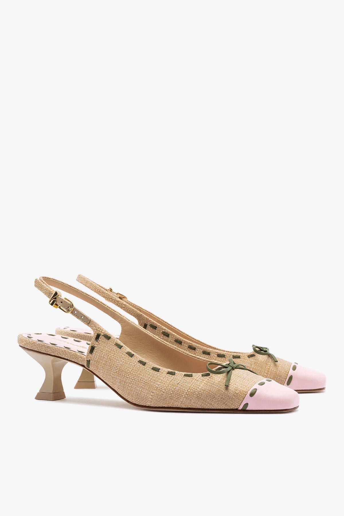 Jenny Pump In Beige Raffia and Tulip and Seaweed Leather - Larroude